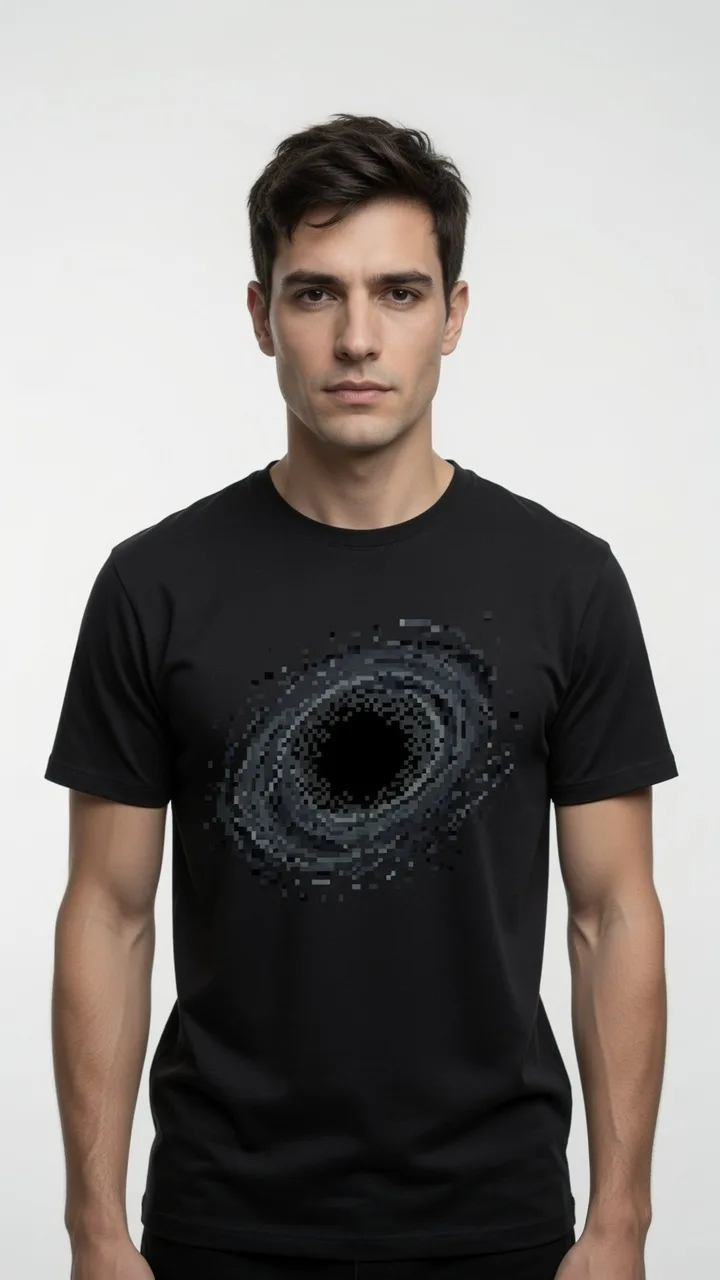 A shopper wearing the galaxy tee, made from their photo